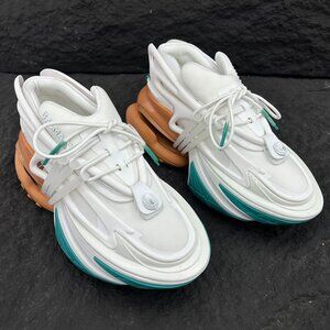 Balmain White With Yellow Heels, Pointed-Toe Wavy Sneakers.